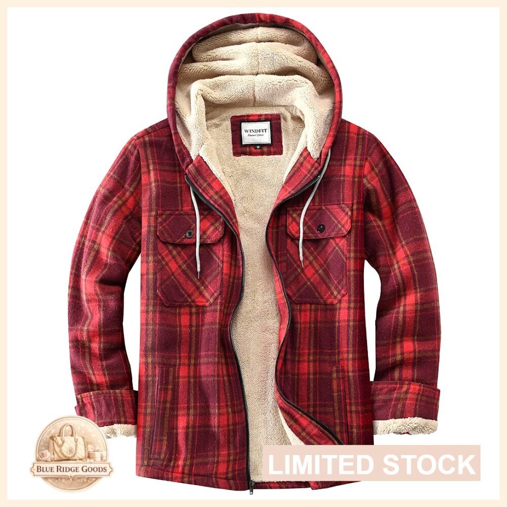 Sherpa Lined Fleece Jacket Plaid Flannel Oversized Hooded Casual Winter
